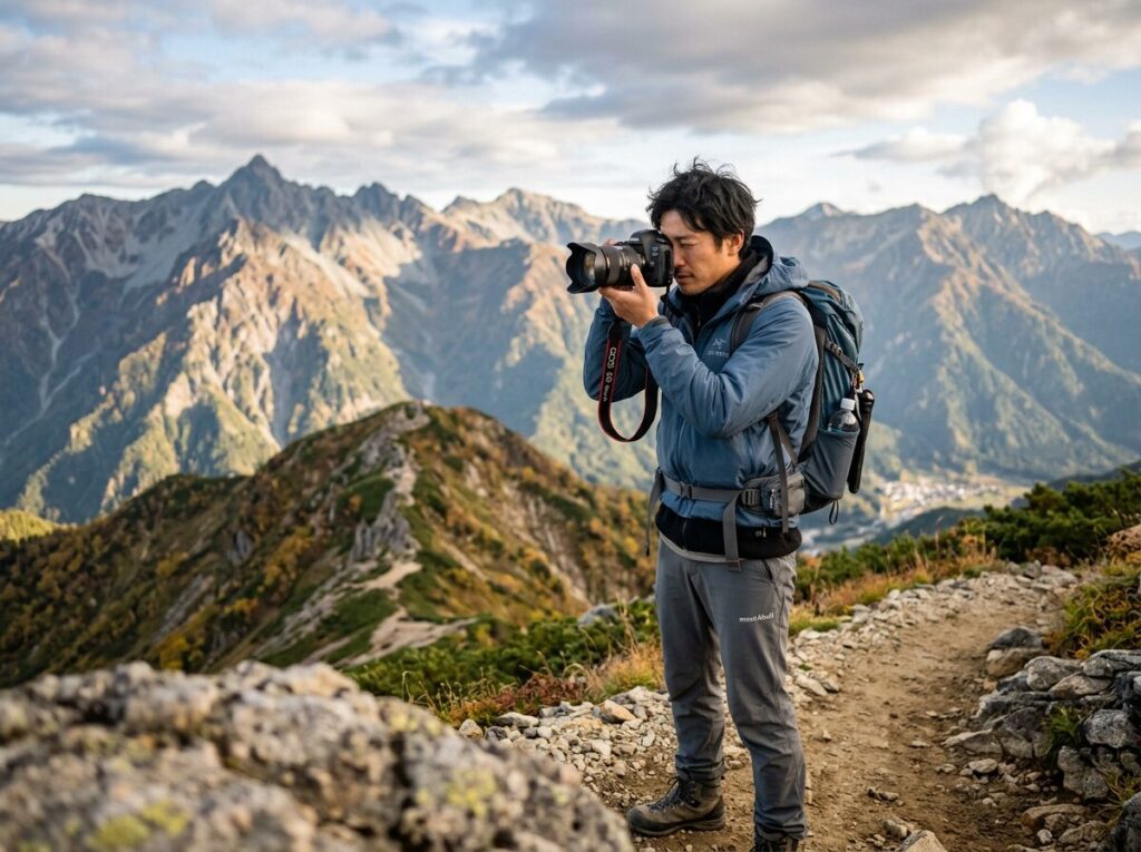 Man photographing mountain landscape on hiking trail