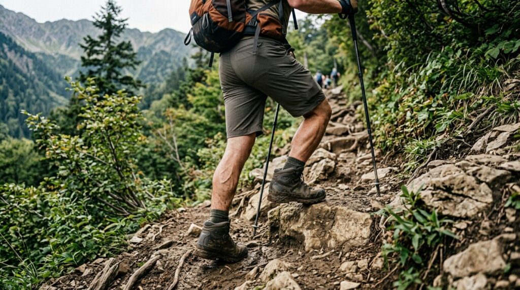 Person hiking up a rocky trail with trekking poles and backpack