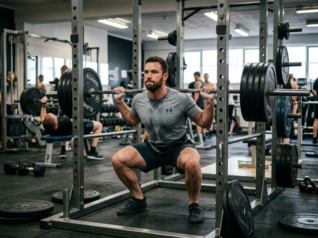 Man squatting with a loaded barbell on his shoulders in a gym