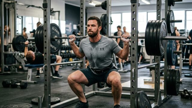 Man squatting with a loaded barbell on his shoulders in a gym