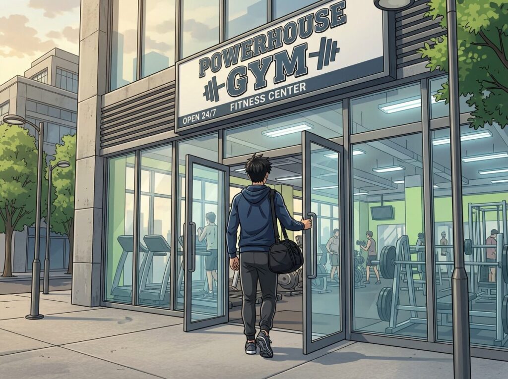 Man entering gym, rear view, gym front