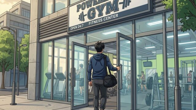Man entering gym, rear view, gym front