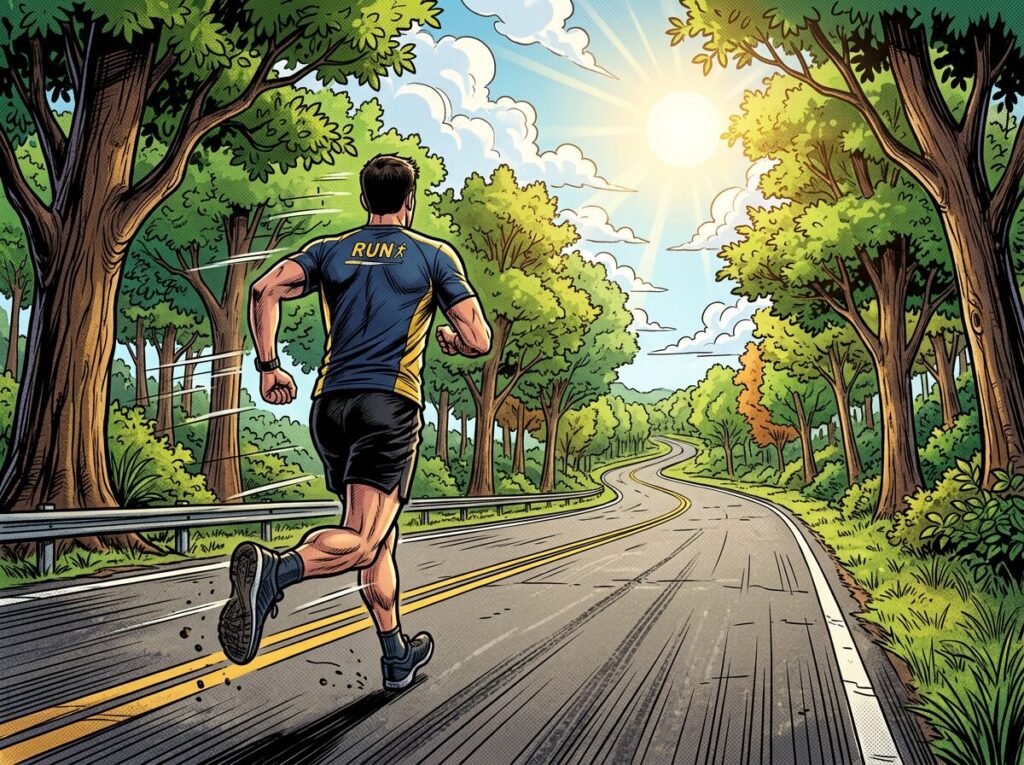 Man running on a road surrounded by trees under a bright sun