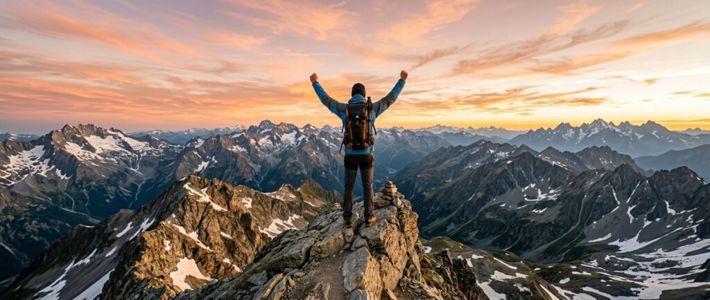 Hiker standing on rocky mountain summit with arms raised at sunset