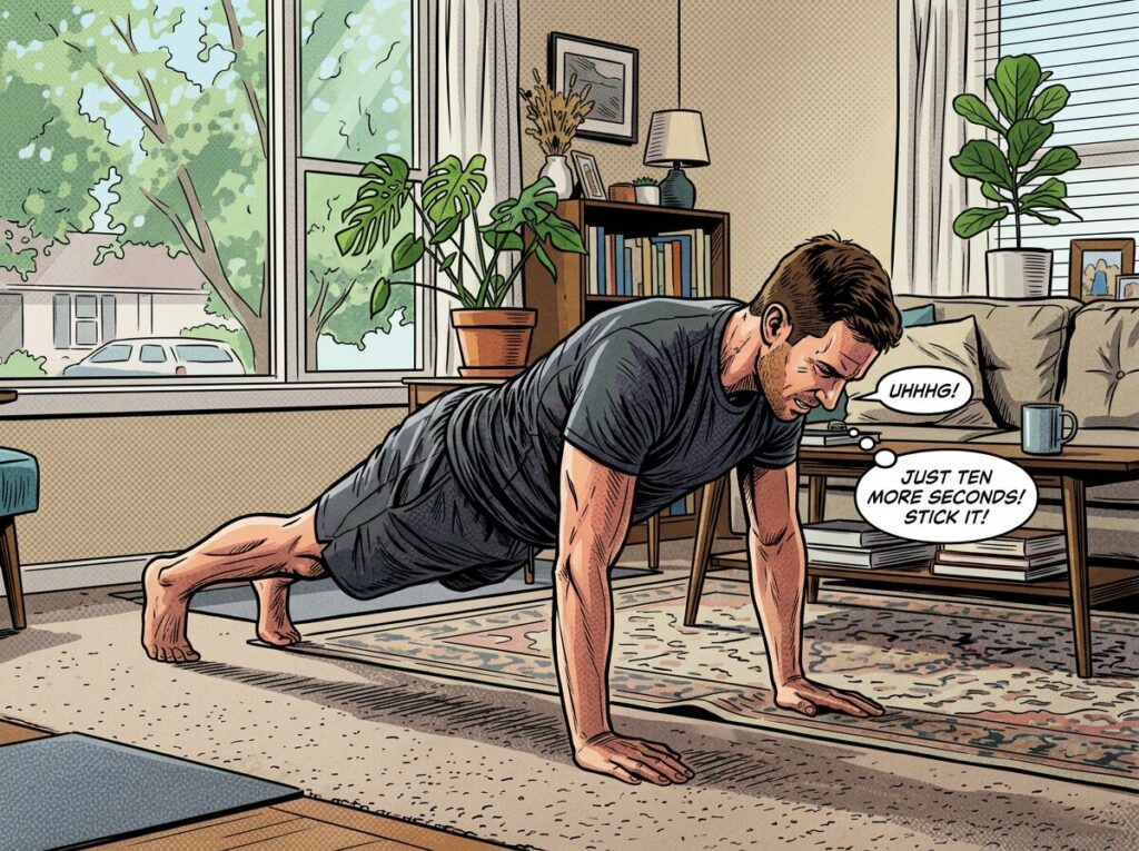 Man in dark workout clothes doing a push-up on carpet in living room