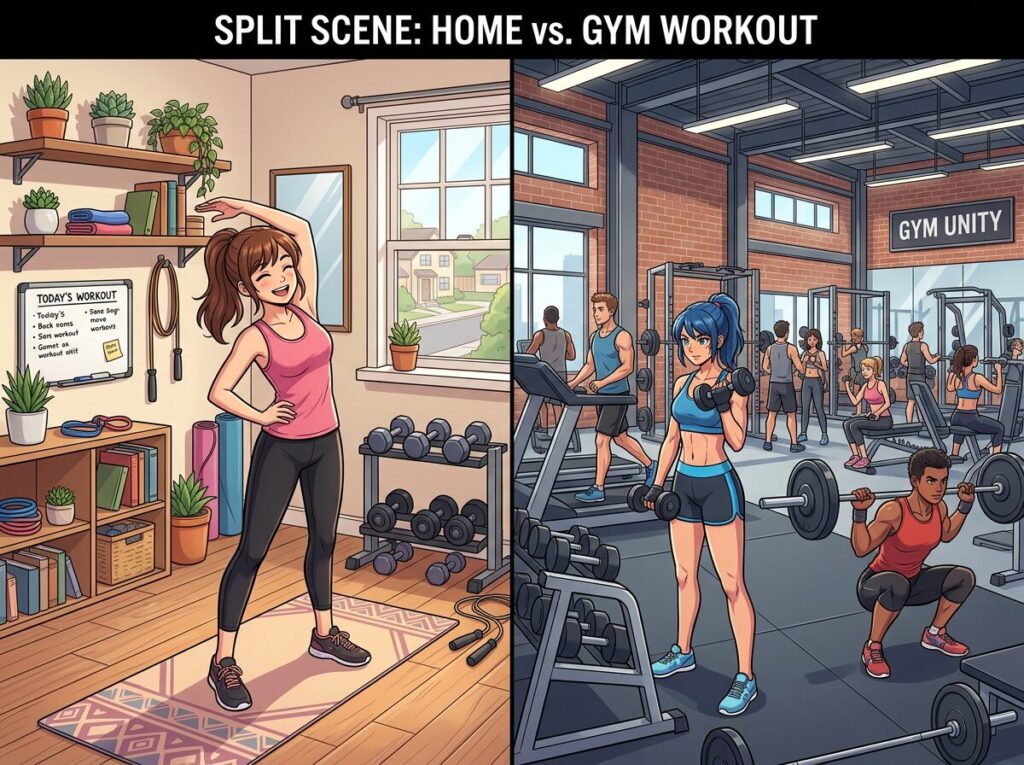 Split scene with a woman stretching in a home workout space on the left and multiple people lifting weights and running in a gym on the right
